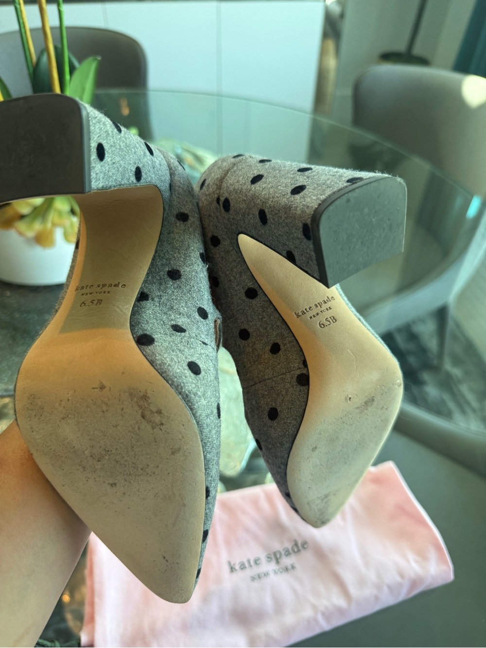 kate spade Gray Polka Dot Mary Jane Heels with Crystal Button - Picture 3 of 6